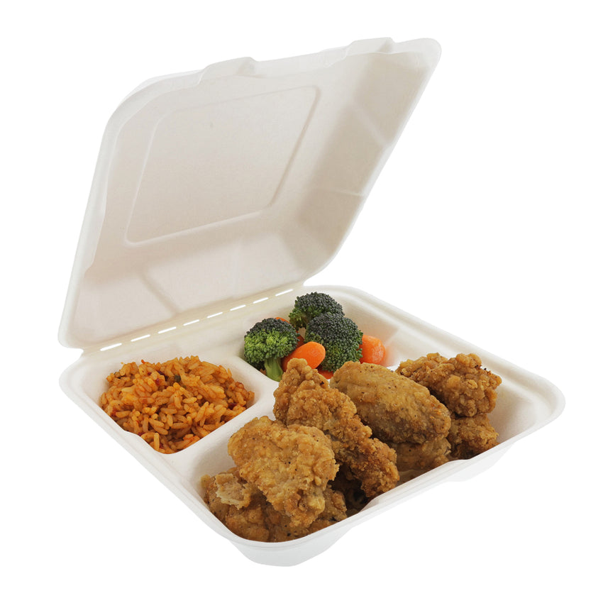 7.875 x 8 x 2.5" Medium 3 Section Molded Fiber Hinged Lid Containers, Case of 200