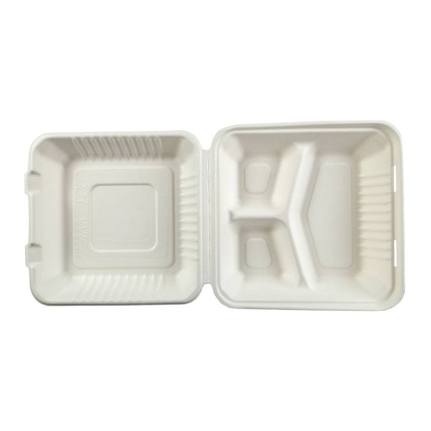 9″ x 9″ x 3″ 3 Compartment Fibre Hinged Lid Container